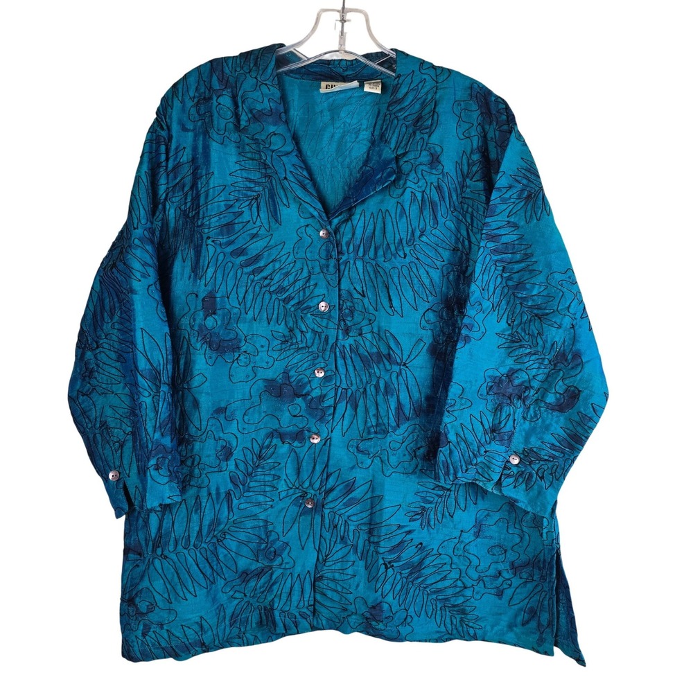 Vintage Chico's Design 100% Silk Beaded Floral Shirt Teal Blue Boho Size 3